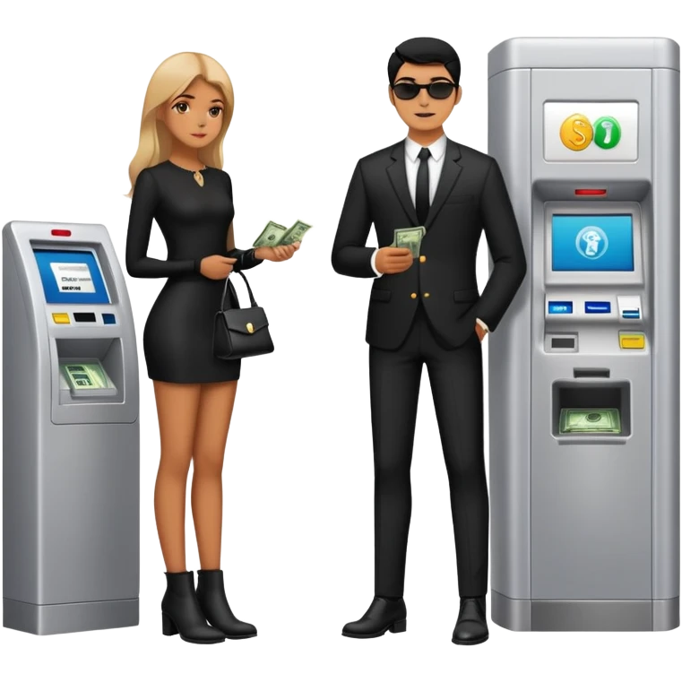 girl wearing black pleaser bootie, waiting beside atm, with a man taking money out  emoji
