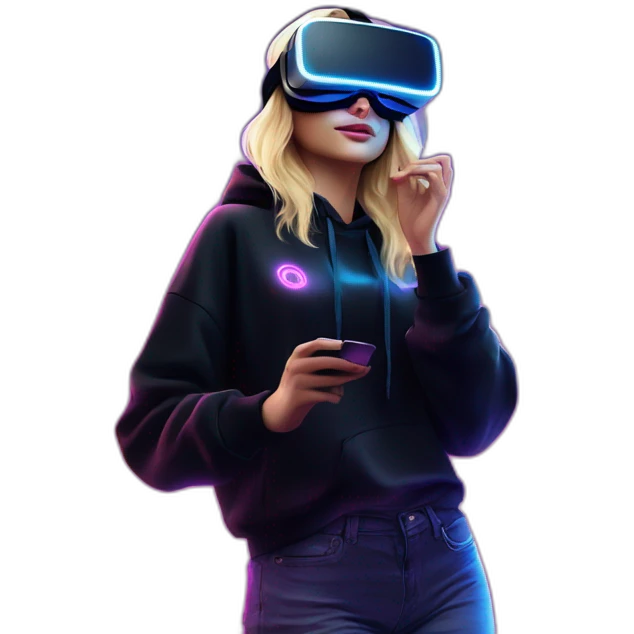 Russian blondy girl celebrating her birthday wearing a black hoodie and VR headset in a cyberpunk VR environment with violet neon lighting emoji