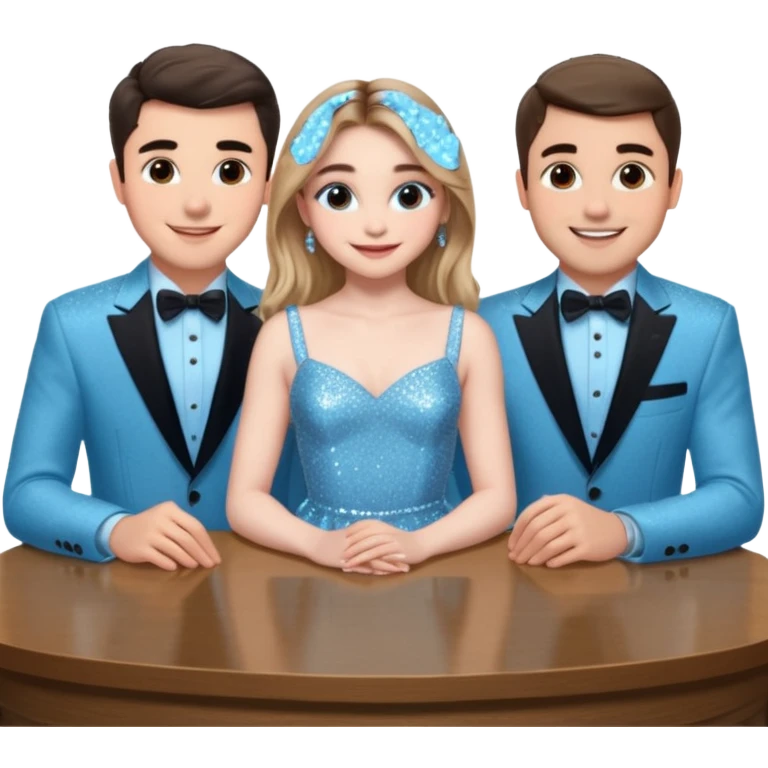 Sabrina carpenter in a light blue sparkly dress at a table with 3 handsome men, and she is standing up reaching over  emoji