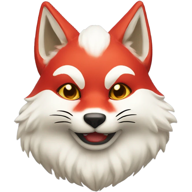 red kitsune mask, fluffy ears, slight smile emoji