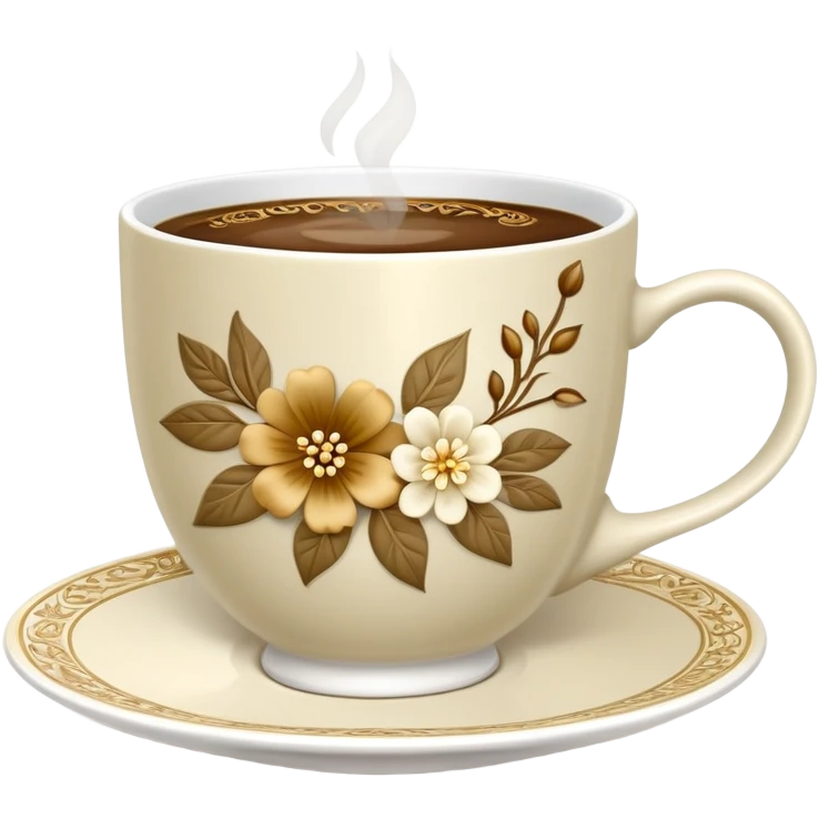 Cinematic Realistic sophisticated cup filled with khaki coffee with flower ornament emoji
