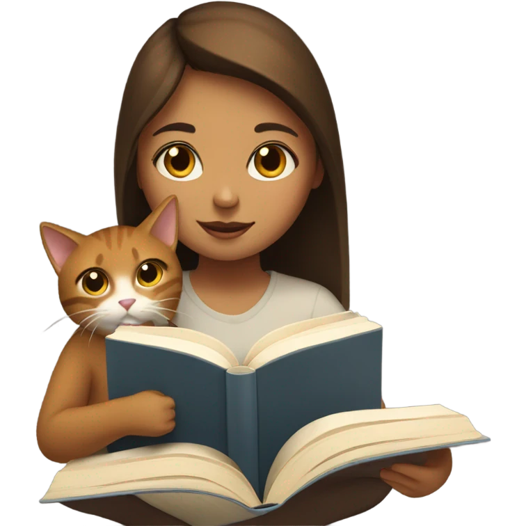 Girl reading book with your cat brown and white emoji