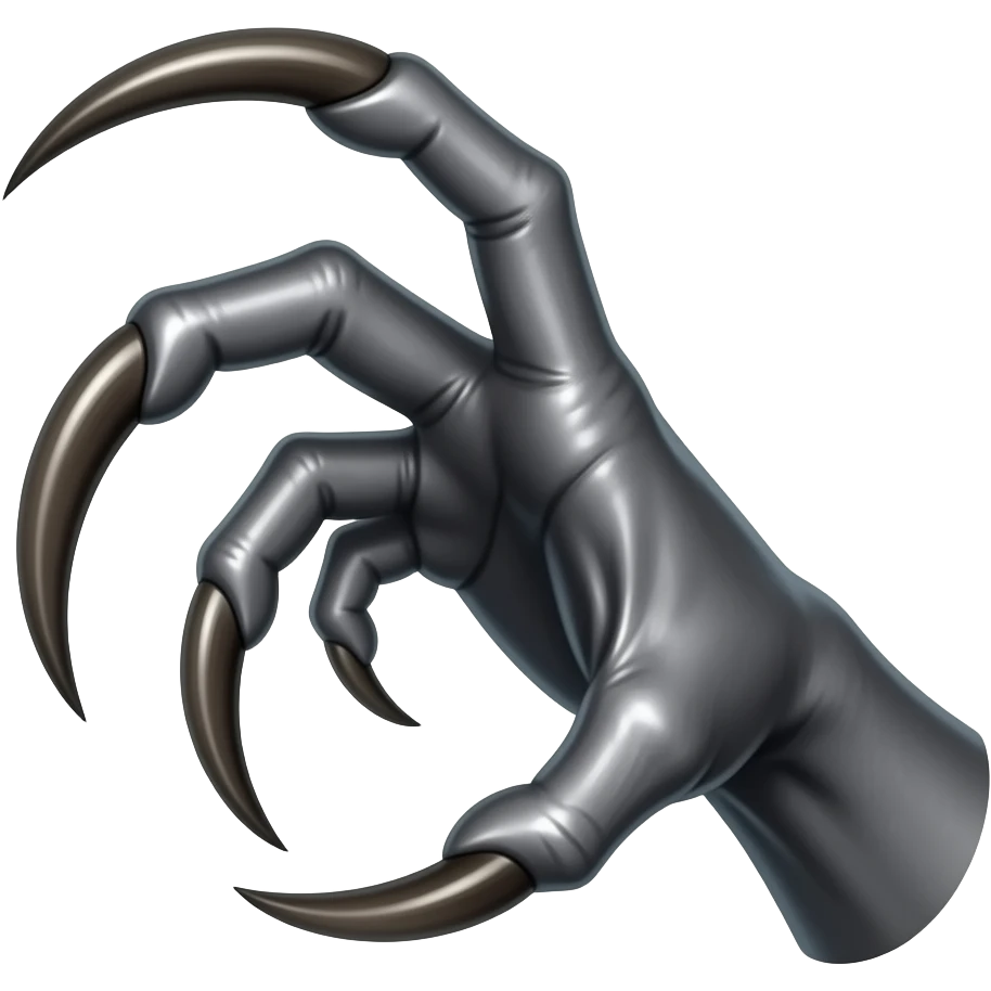 Demonic dark silver hand with long sharp dark ivory color claws attacking. Shift the perspective to a side profile to show the curvature and length of the claws more clearly. emoji