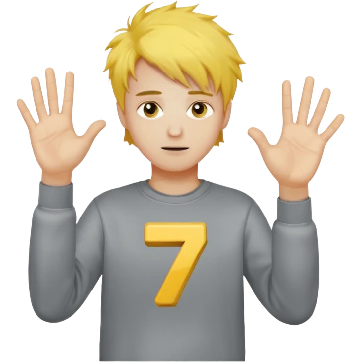 Make a guy in a grey sweatshirt and yellow messy hair hold his hands out one hand holding 6 the other holding 7 emoji