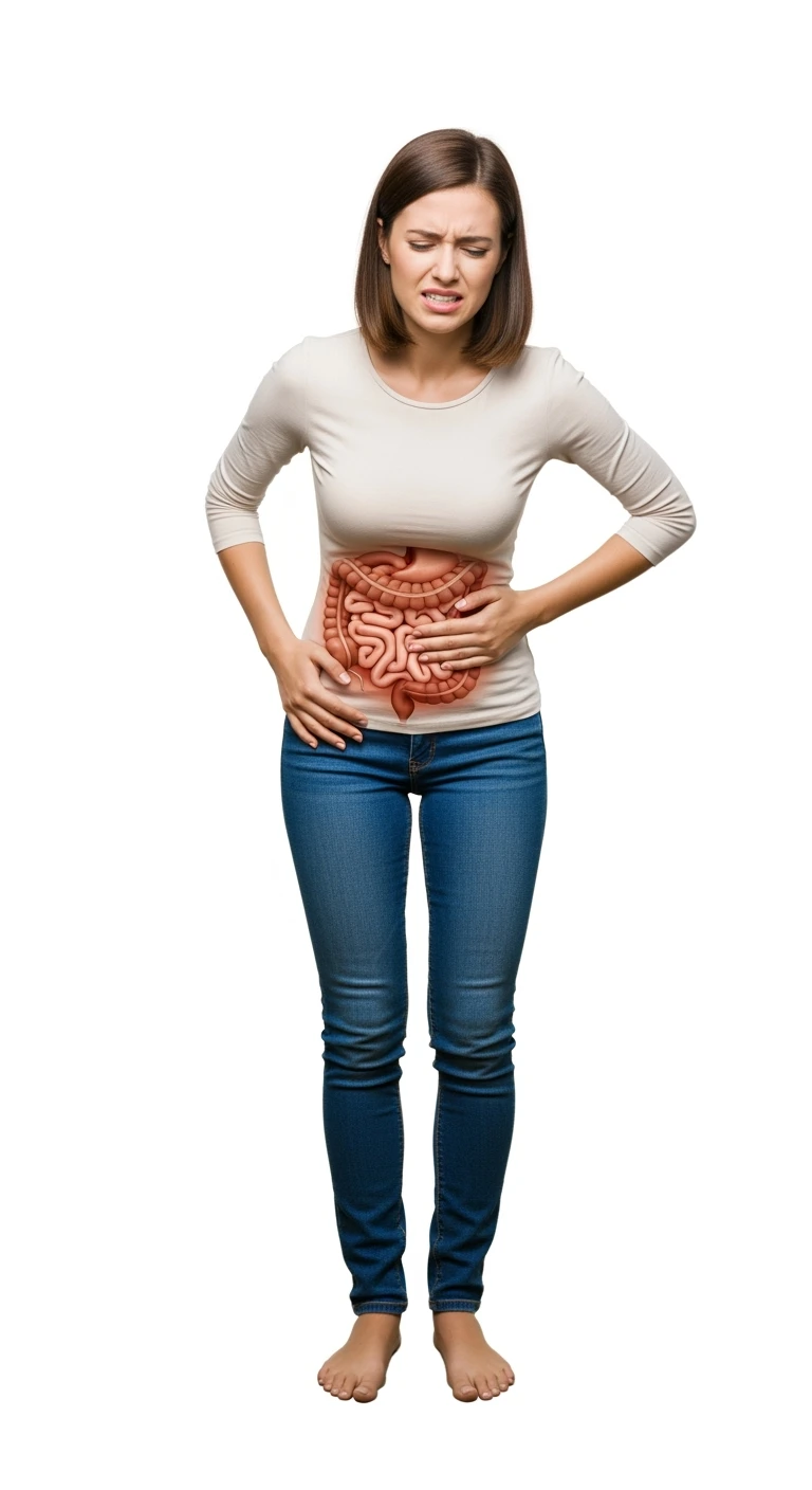 DONNA A FIGURA INTERA CON intestino ANATOMICO REALISTICO IN EVIDENZA, CON ESPRESSIONE DI DOLORE IN VOLTO PERCHé SOFFRE DI mal di pancia, SFONDO BIANCO emoji