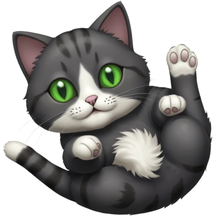 solid dark grey cat with green eyes, completely solid grey face, white toes/paws playfully rolling upside down emoji