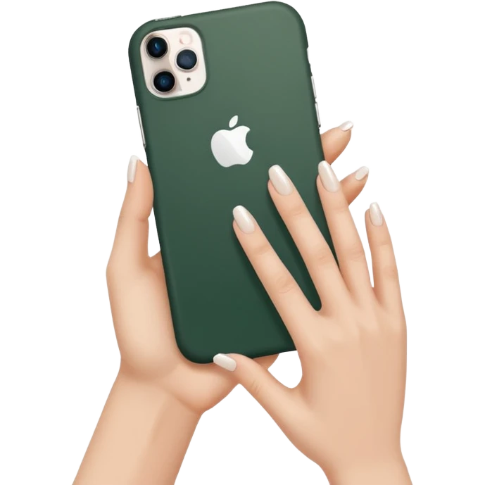 female hand with nude manicure (5 fingers) holding a white iPhone in a dark green case, minimalism, clean background emoji