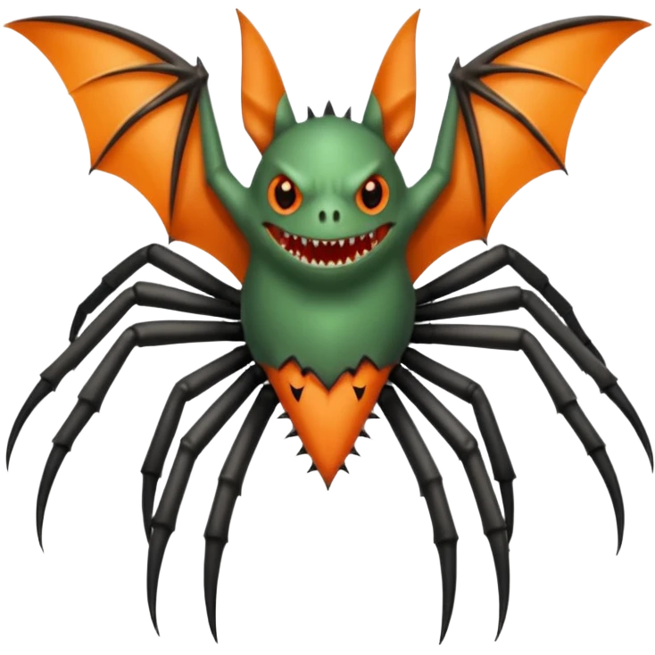 A bat with acid all in his body and his eyes  replaced with shark teeth and his hand in his back ( four hand) and his spines will be very spiky  and his leg will like a spider and last his eyes or 4 eyes will be in his hands and the colour of the eyes will orange and black emoji