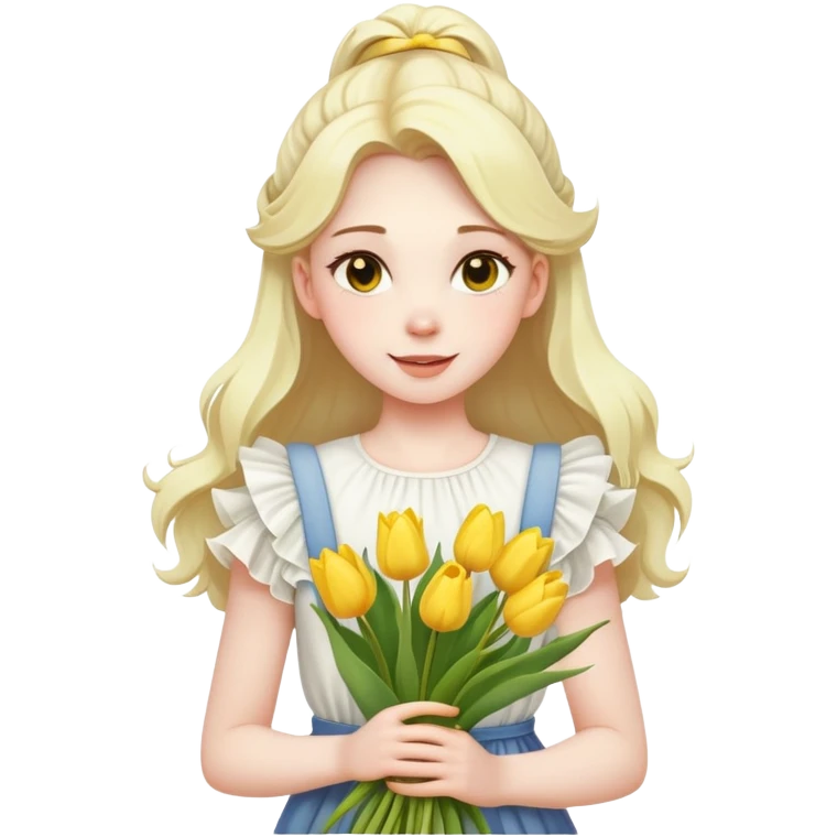  A girl with a half-up half-down hairstyle, and a white ruffled top, enjoying the spring breeze.Holding a bundle of yellow tulips emoji