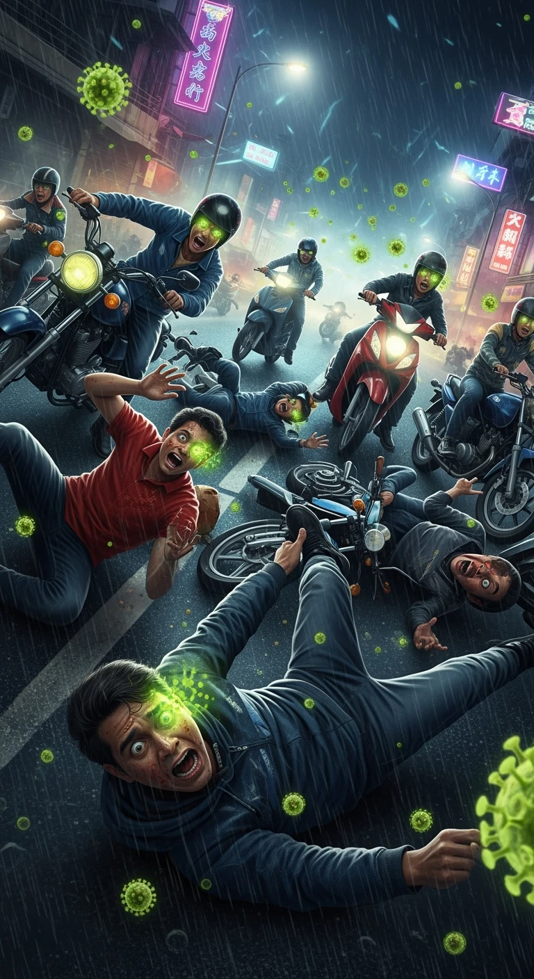 motociclisti spaventati perchè stanno per avere incidente a causa dell'infezione Toxoplasma che altera le loro menti, stanno per cadere alcuni sono caduti. Toxoplasma visibile emoji
