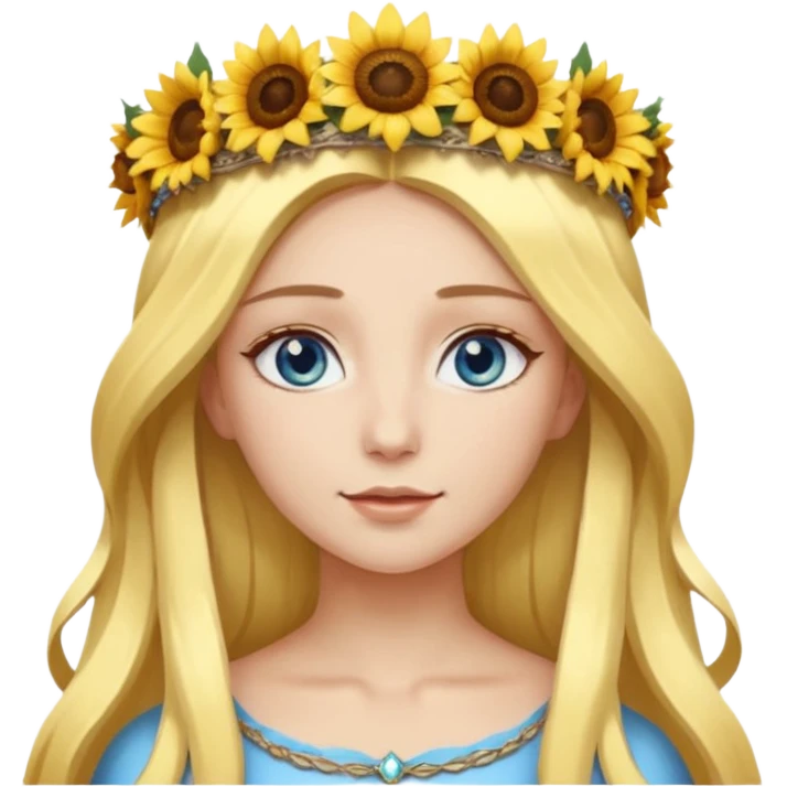 portrait woman long blonde hair blue eyes white skin wearing sunflower halo crown emoji