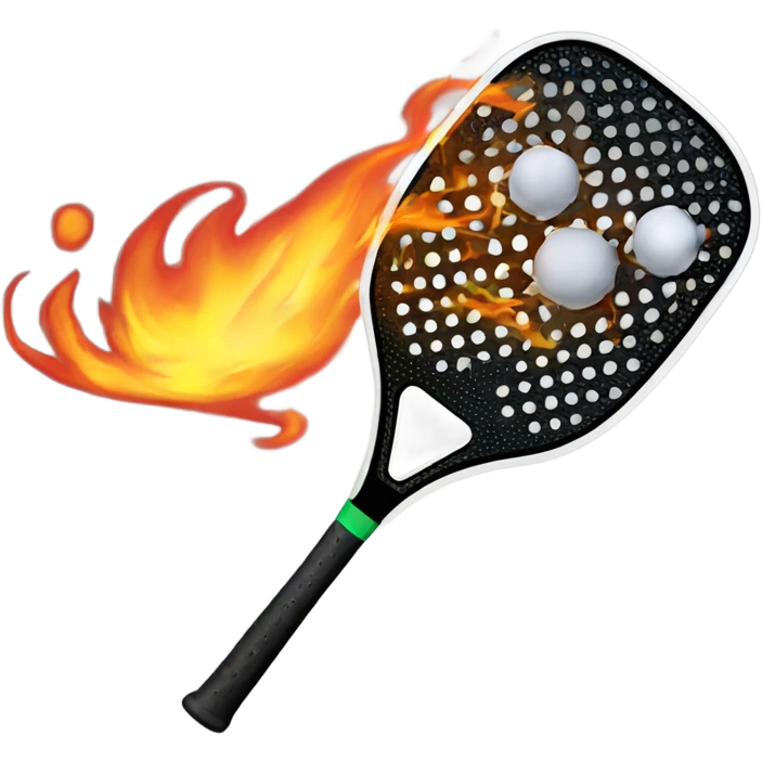 A carbon Pickleball paddle with no holes hitting a Pickleball that has flames on it emoji