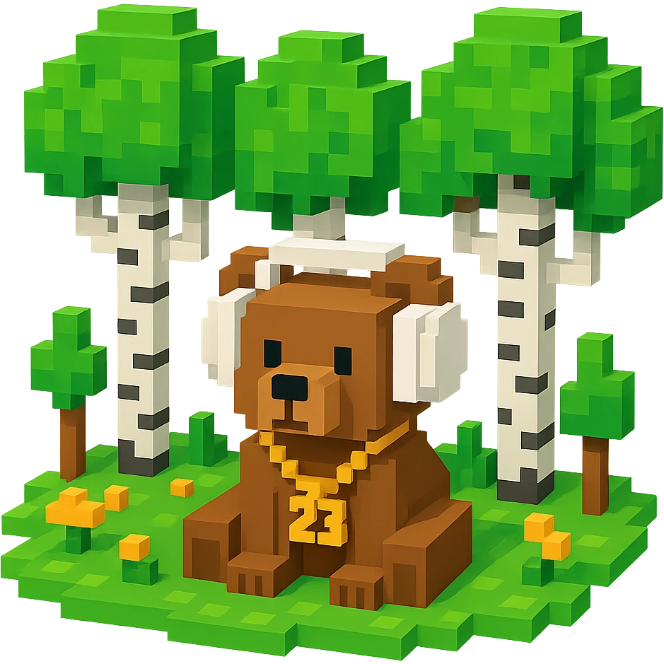 березовый лес, в котором сидит бурый медвежонок в белых наушниках (наушники должны закрывать уши медведя), на медведе цепь с подвеской "23", no background  emoji