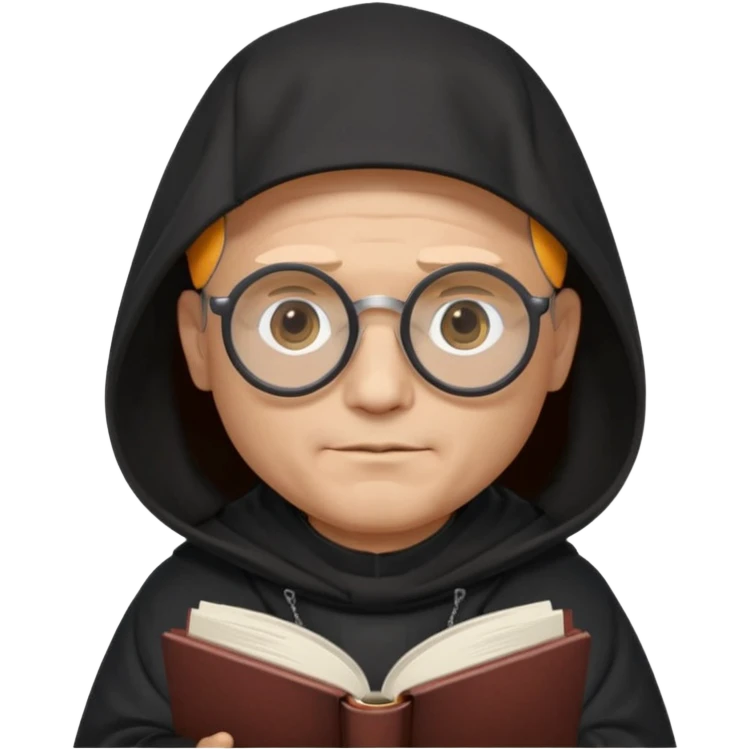Monk priest prayer black habit with hood round black glasses done light brown wavy hair under hood remove the medallion smaller more round glassed age 46 no necklace more oval face hand holding book that says RB 480 top left is great add a little hair brown gray under hood  emoji