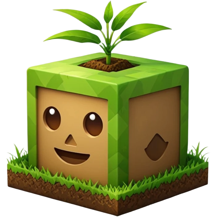 Minecraft 草块的 3D Apple 风格表情符号，立方体形状，顶部有草，下面是地块 emoji