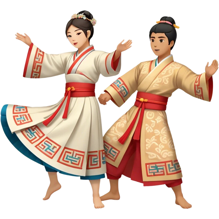 Cinematic Realistic scene of two performers engaging in Ganggangsullae, dressed in traditional Korean costumes with intricate patterns and graceful movements, illuminated by soft, festive lighting that accentuates the cultural ambiance emoji