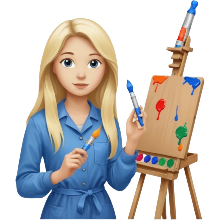 female artist, 20 years old, blonde with long hair, blue eyes, beautiful, confident, thin. In the hands of paints, she is near the easel, 20th century emoji
