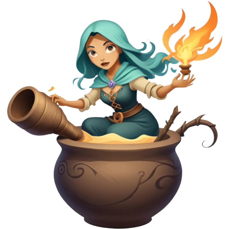 Baba Yaga sorceress woman flying in a mortar, magical aura emoji