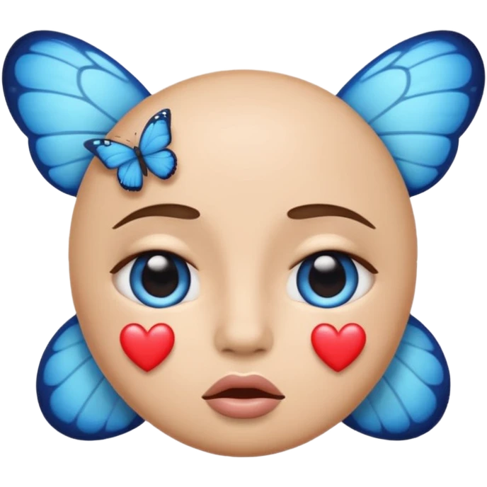An emoji with large, pleading eyes, a pouting expression, making a peace sign gesture, with a blue butterfly above its head and small blue hearts near its temples emoji
