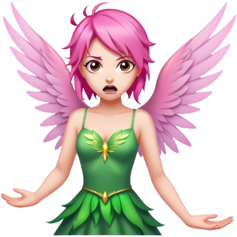 pink hair, pink wing fairy in green dress: anger emoji