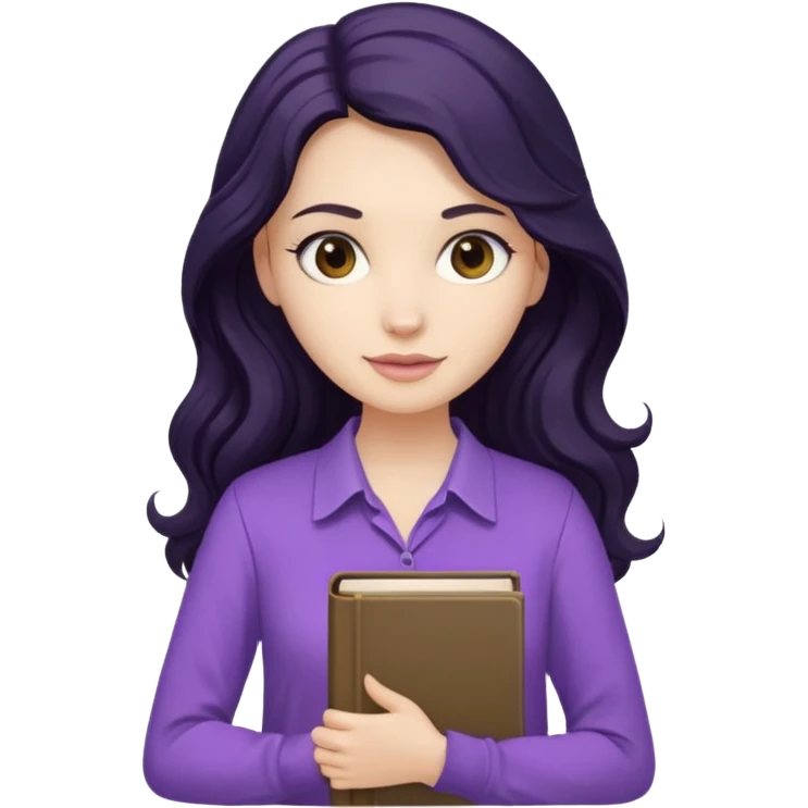 Long Hair Women with Black wavy hair, with purple Book, beige shir, without background emoji