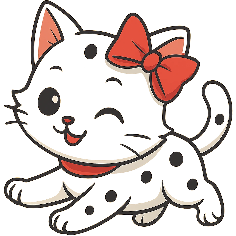 Make the kitty in a playful pose, keep it small, white with small black spots and a red bow, with no background. The style should be suitable for a small, cute cat illustration with no background. emoji