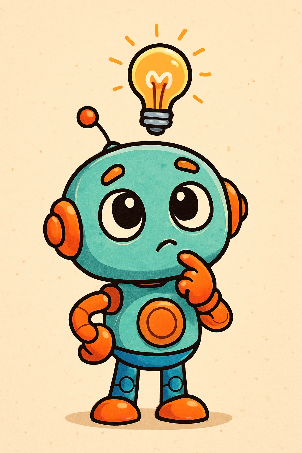 a cute cartoon robot thinking, big eyes, lightbulb above head emoji