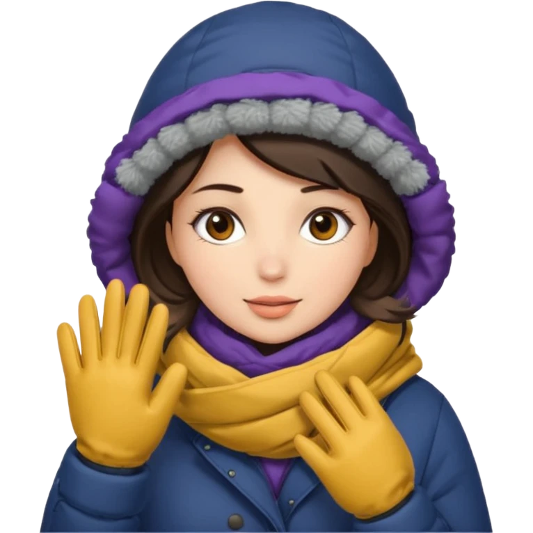 Brunette woman bundled up with parka, hat, scarf, and glvoes. The scarf covers her face  emoji