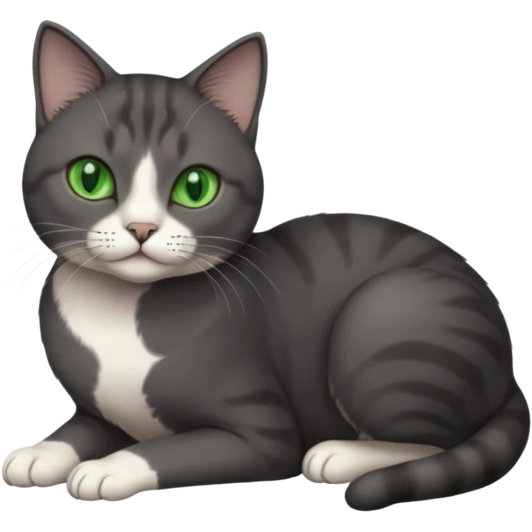 beautiful female solid dark grey cat with green eyes, white toes/paws and white patch on her chest rolling over emoji