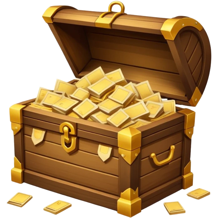 Glowing treasure chest overflowing with paper documents, sparkles, minimal style emoji