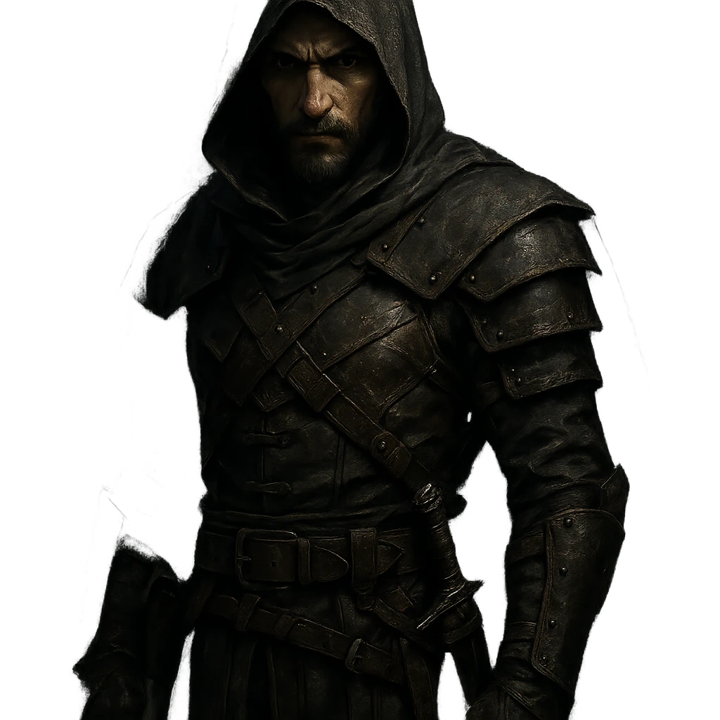 male assassin, hooded cloak, leather armor, shadowy, intense look, fantasy style, detailed, cinematic lighting emoji