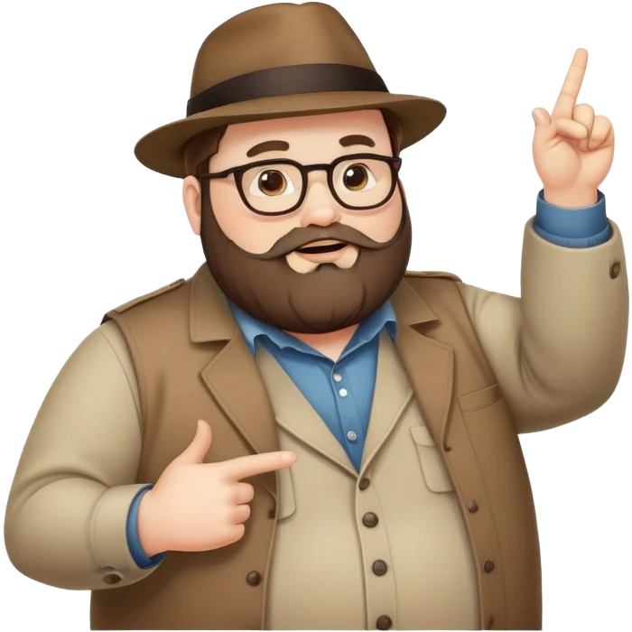Fat bearded nerd wearing fedora hat pointing up to the sky with finger emoji
