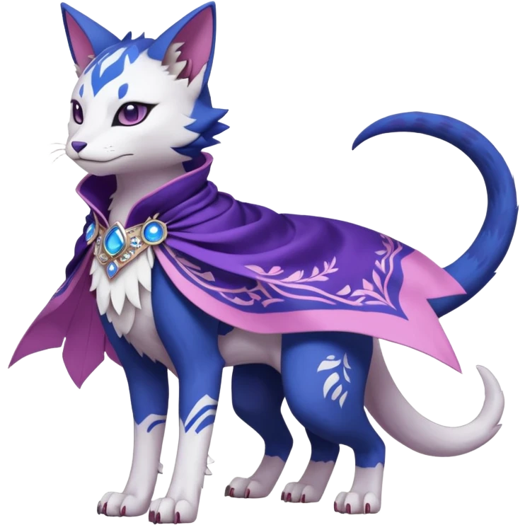 Kawaii white, indigo, purple, pink cute beautiful pretty elegant divine edgy feline-vernid-sergal-Fakémon-Pokémon-Digimon-fursona-animal-creature, full body, with intricate detailed markings, Embroidered capelet, silken shawl emoji