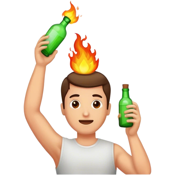 Man holding a bottle above his head. The bottle is on fire emoji