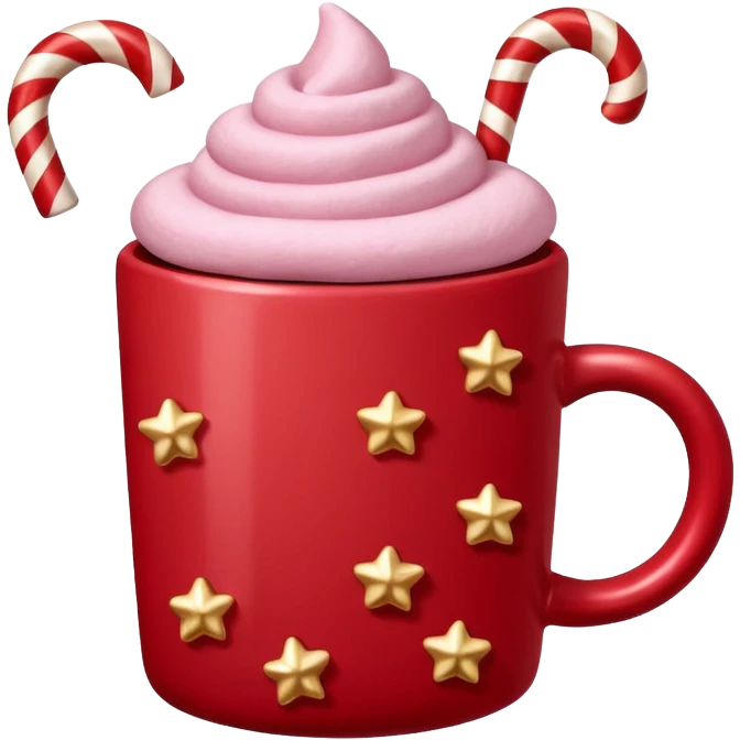 hot chocolate with pastel pink marshmallows in red christmas mug with stars and candy cane, trendy aesthetic emoji