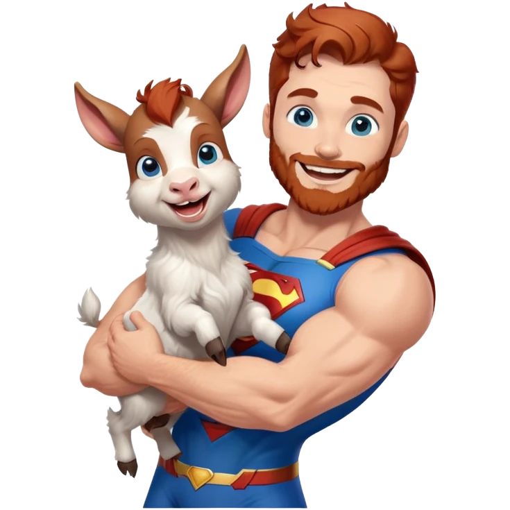 Full body Adult Superman Blue Eyes Scruffy Redish hair and redish trimmed Beard Muscle happy holding a happy laughing blue small goat  emoji