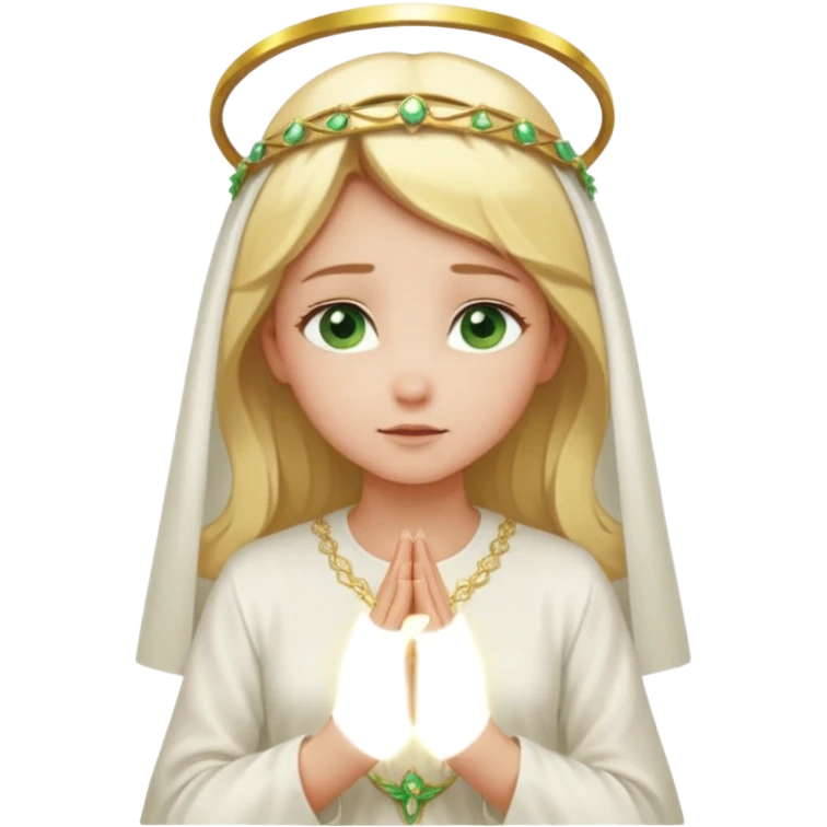 Blonde girl in white closed dress with green eyes praying. The holy halo is behind her, she is enveloped by a golden glow emoji