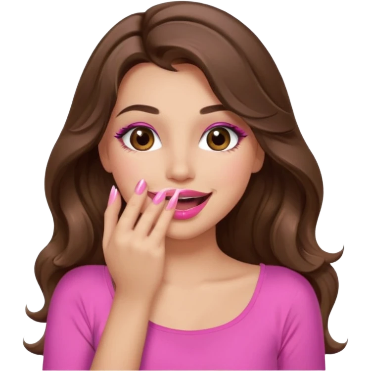 girl with long wavy brown hair, brown eyes, long lashes makeup, pink lips, light to medium complexion, pink sexy top, smiling, hand covering mouth, giggling emoji