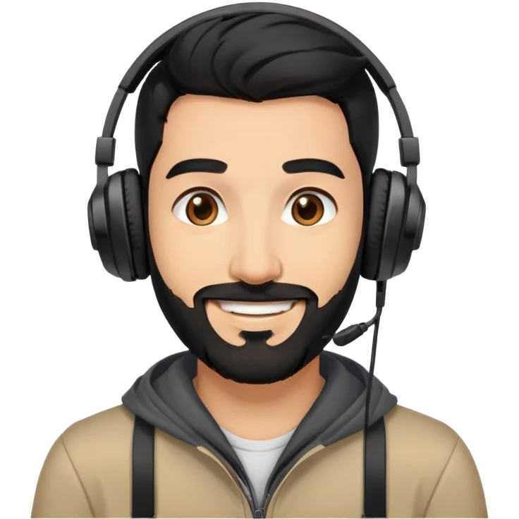 Smiling man with black hair, brown eyes, black beard wearing gaming headphones emoji