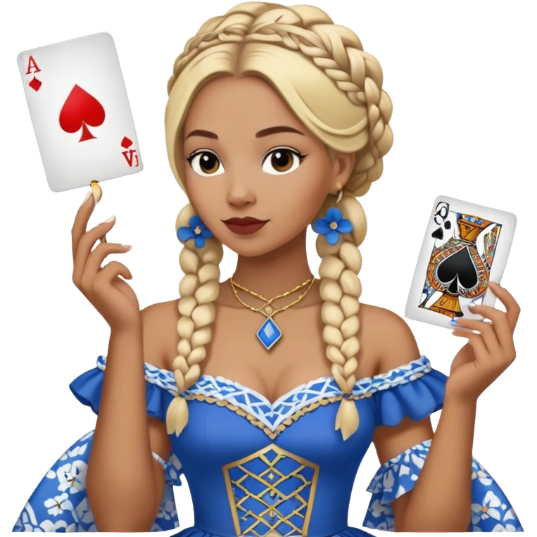 A blonde woman with african style braided hair, holding a queen of spades playing card in her hand. She is wearing a blue dress with white flower patterns. emoji