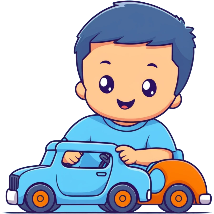 cute toddler boy with pastel blue clothes playing with a blue toy car emoji