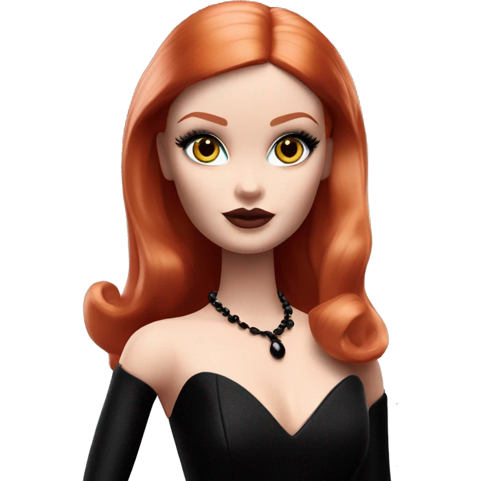  Bunny Wednesday Addams Barbie dancing.  Cute eye makeup face. Longer red hair. black flowing strapless tight evening gown with  plunging neckline that’s off-the-shoulders that also shows her legs and black shiny velvet high heel shoes. emoji
