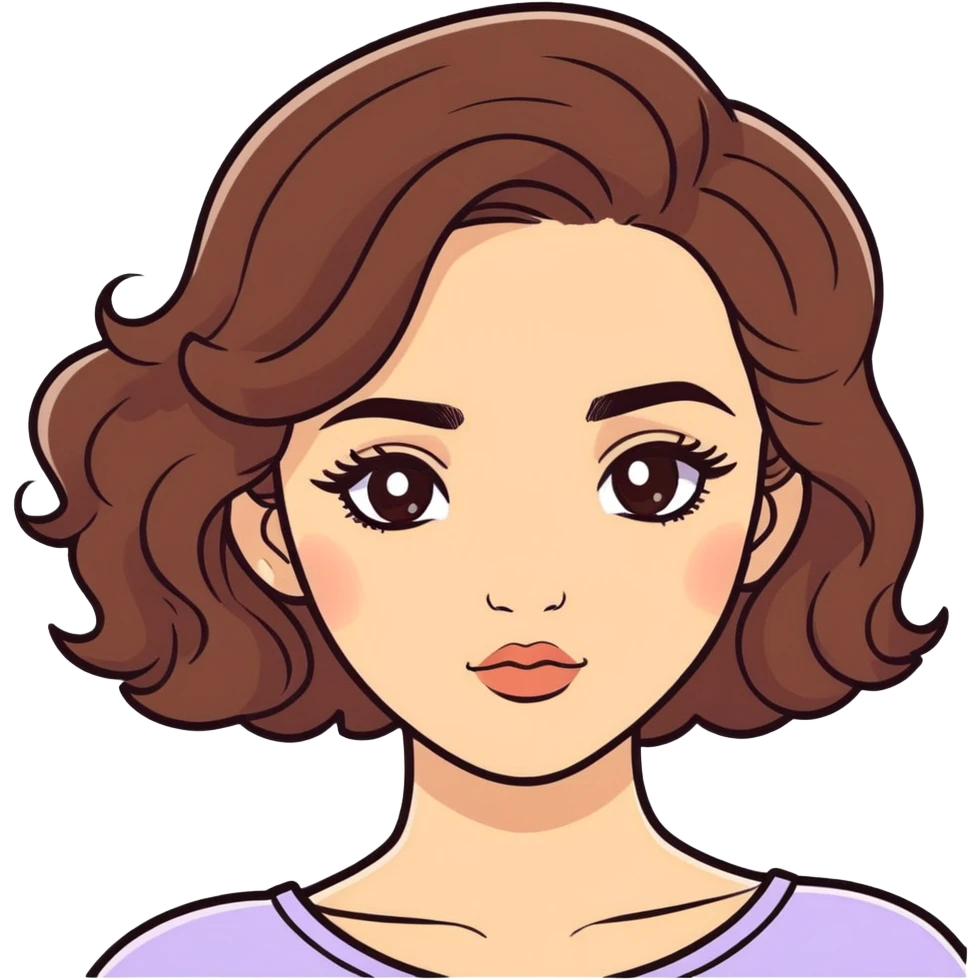 a bruneet girl her hair is middle and wavy and brown and her brows are thick and her eyes are big with long lashes and her eyes are brown and her nose is small and big lips and her skin colour is not too white but not too dark in the middle  emoji