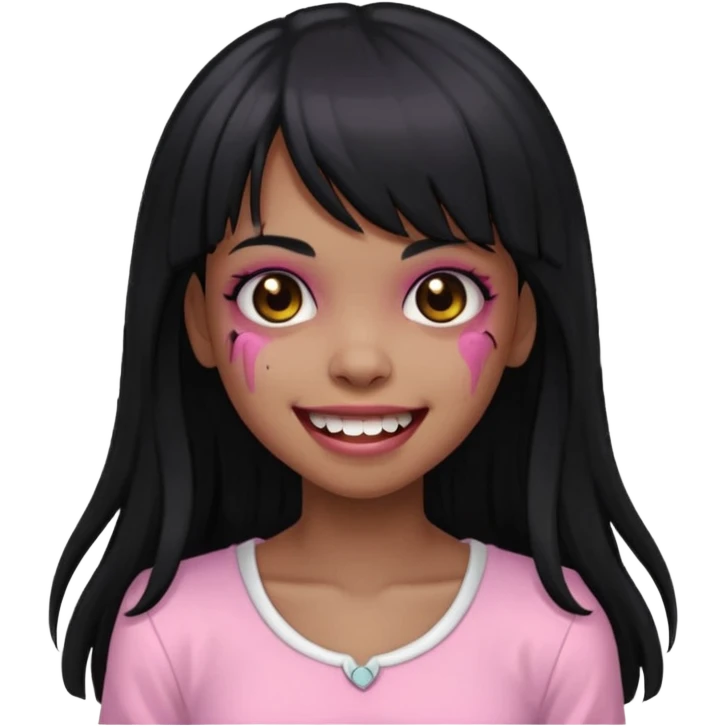 light-skinned Black zombie girl with long black hair and bangs, wearing a light pink blouse, smiling emoji