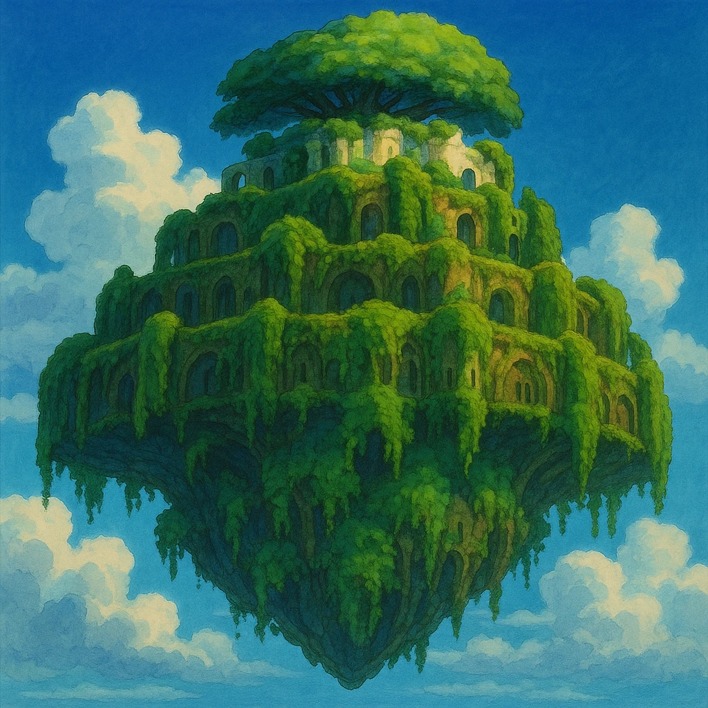 Laputa, the magical floating island from 'Le Château dans le Ciel', Studio Ghibli cartoon style, lush, overgrown, ancient, enchanting emoji