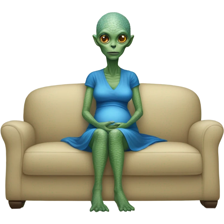 reptilian alien woman in blue dress, pregnant, sitting on beige couch emoji