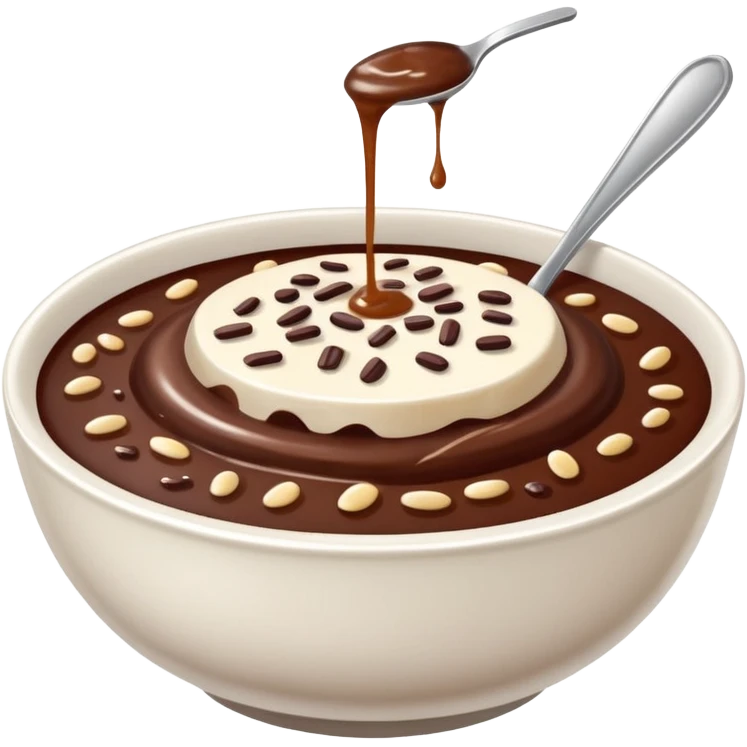 realistic emoji of champorado, showing a bowl with rich chocolate porridge, visible rice grains, and a drizzle of condensed milk, photorealistic details emoji