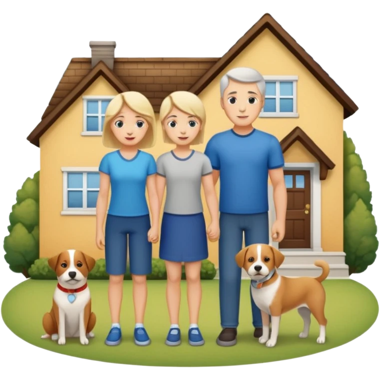 a mom and dad standing in front of a house with their son and a dog next to them emoji