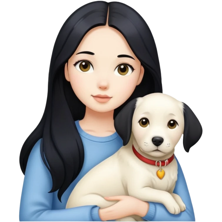 A beautiful girl with long black hair and fair skin is holding a white Labrador emoji