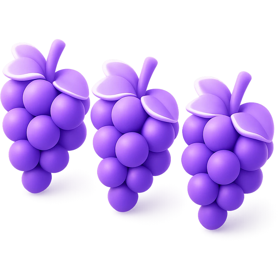 Three bunches of grapes in 3D emoji style, arranged side by side. The grapes are in dark purple, green, and light purple colors. Each bunch has grape leaves attached. The grape berries are natural and realistic without any outlines. Background is transparent. emoji